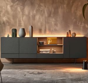 Modern Black Sideboard Credenza <b>Cabinet</b> with Open Display Niche, Long <b>Storage</b> Console on Metal Legs for Living Room - Product Image 1