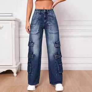 Femmes 100% coton nouveau jean Cargo ample jambe droite avec bouton décoration respirant mode pour printemps été automne hiver - Product Image 4