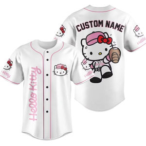 Numéro de nom personnalisé rose Baseball Jersey chemises uniformes dessin animé KT sérigraphié col en v pour adultes enfants 100% Polyester rapide - Product Image 1