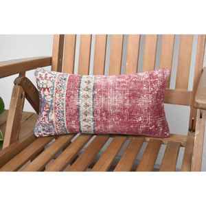 Multicolor Kilim Patchwork Wool Pillow 8x16 Inch Decorative Accent <b>Cushion</b> with Vintage <b>Fluffy</b> Leaves Pattern Woven Technique - Product Image 1