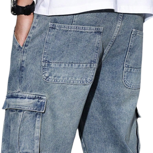 Mens <b>Light</b> Blue Denim Cargo Pants Loose Fit Straight Leg Multi Pocket Casual Washed Utility Jeans 100% Cotton Mid Everyday Wear - Product Image 5