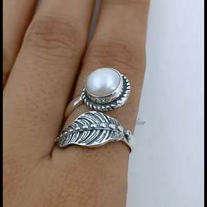 925 Sterling <b>Silver</b> <b>Adjustable</b> Leaf <b>Ring</b> Handmade Freshwater Pearl Unique June Birthstone Nature Inspired Jewelry Pearl <b>Rings</b> - Product Image 5