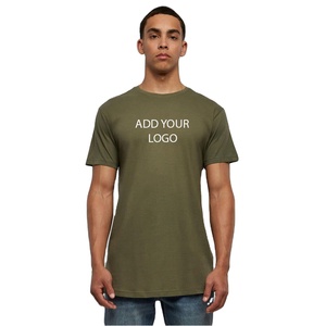 T-shirt homme vert olive personnalisé avec logo, coupe longue, streetwear, manches courtes, coton kaki uni, vêtements, chemise homme à queue tombante - Product Image 1