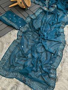 Sari en Georgette de couleur blanche avec de magnifiques broderies et de véritables applications de miroirs, style Bollywood, tenue de soirée, modèle FABZONE FZJ Sabyasaachi - Product Image 3