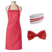 Ensemble de costume de serveur classique des années 1990, tablier, chapeau, nœud papillon, hôtel, restaurant, bar, tabliers rayés rouge et blanc pour serveuse