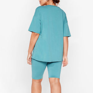 2024 conjunto doble para mujer, conjuntos de Fitness para gimnasio, camiseta de gran tamaño con hombros caídos, pantalones cortos de cintura media, patrón sólido, cintura elástica, 100% de algodón - Product Image 4