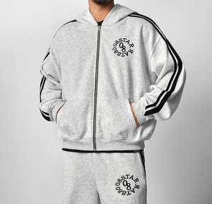 Sudadera con capucha y cremallera informal unisex, conjuntos de pantalones con hombros caídos, logotipo bordado de retazos, talla grande, temporada de invierno, venta al por mayor para - Product Image 6