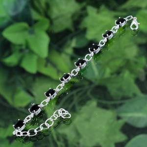 <b>925</b> <b>Sterling</b> <b>Silver</b> Adjustable Chain <b>Bracelet</b> with Black Spinel Gemstone Bohemian Trendy Christian Wedding Party Jewelry Gift - Product Image 3