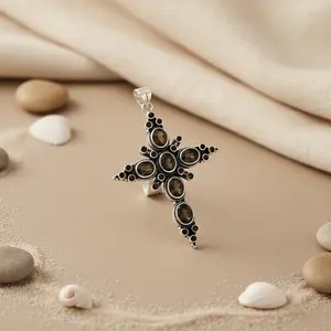 Colgante de Cruz de Cuarzo Ahumado de Plata 925 para Mujer, Joyería Religiosa Hecha a Mano con Piedras Preciosas, con Baño de Rodio, Patrón de Números - Product Image 2