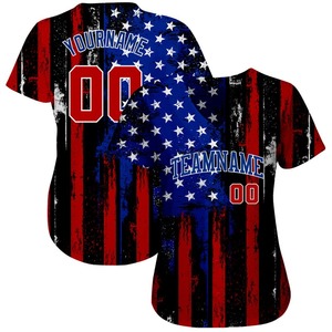 Maillot de baseball authentique personnalisé noir rouge royal-blanc 3D en détresse drapeau américain - Product Image 4