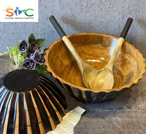 Bol de service en bois de manguier sculpté à la main avec cuillères Superbe bois de manguier Idéal Cadeau Déco Noir - Product Image 3