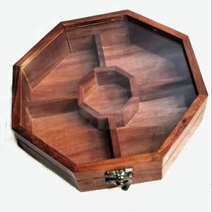 Caja de especias de madera cuadrada hecha a mano, madera maciza con acabado natural con 9 contenedores, caja de madera Masala de forma hexagonal - Product Image 1