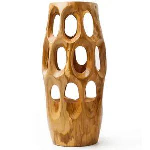 Vase en bois artisanal avec découpes ovales organiques mettant en valeur les motifs de grain naturel, accent décoratif sculptural moderne pour la maison - Product Image 1