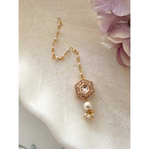 Bijoux en or rose de créateur avec perles Kundan Polki Maang Tikka Pearl - Product Image 1