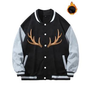 Graphic Warm Fleece Varsity Jacket Oversized Color Block Thick Thermal Baseball Collar Button Clothing For Spring Autumn, - Product Image 1