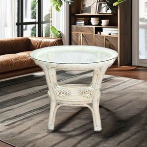 Table basse moderne en rotin/osier de conception asiatique Tafano avec plateau en verre pour le salon, non pliable - Product Image 3