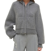 Veste pull douce à manches longues pour femme, tricotée jacquard, délavée à l'acide, avec broderie 3D, fermeture éclair et badge sur le devant, à capuche, éco-responsable et décontractée