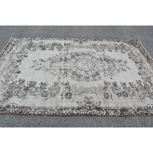 พรมตุรกีโบราณ5.6 x 9ft เบจสีน้ำตาลแบนทอลายขนสัตว์ปะต่อพื้นที่ขนาดใหญ่สำหรับตกแต่งห้องนั่งเล่นด้านหลังทำจากยาง - Product Image 3