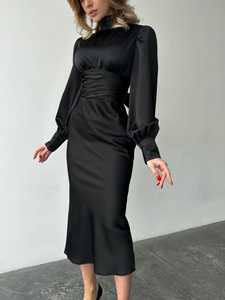 Lụa đen mở lại Midi Dress với giám mục tay Áo cao cổ phong cách ngọt ngào vòng eo tự nhiên thân thiện với môi trang trí ren - Product Image 3