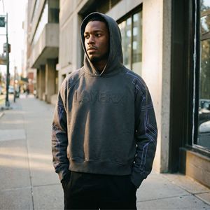 Sweat à capuche en polaire polyester/coton écologique de haute qualité pour homme, poids lourd 500 g/m², logo en relief, motif graphique cyber, coupe classique - Product Image 5