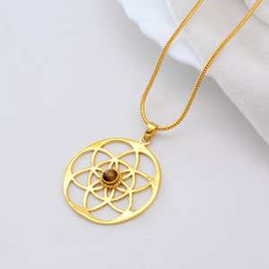 Colgante de latón de Chakra, collar de Geometría Sagrada chapado en oro, joyería curativa de ojo de tigre, colgante de energía de Mandala para mujer - Product Image 1