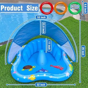 Tapis de jeu aquatique innovant pour bébé avec pommes d'eau, flotteur de piscine gonflable avec auvent et dossier, anneaux empilables, jouet aquatique pour tout-petits, extérieur - Product Image 3