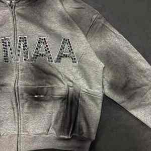 Sweat à capuche délavé à l'acide avec strass logo personnalisé polaire de coton lourd vintage en détresse pull à capuche Streetwear pour hommes - Product Image 4