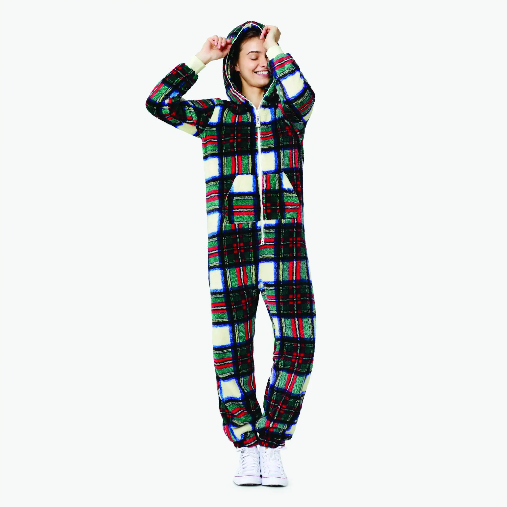 100% Poliéster Soft & Stretchy Fleece Tecido Two Way YKK Qualidade Zipper Unisses Checkered Red Puppy Jumpsuit