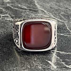 Anillo de Plata de Ley 925 Hecho a Mano con Estilo Floral para Hombre, Anillo Cuadrado de Plata con Gema de Ágata Roja, Corte Único, Joyería Fina para Hombre - Product Image 2
