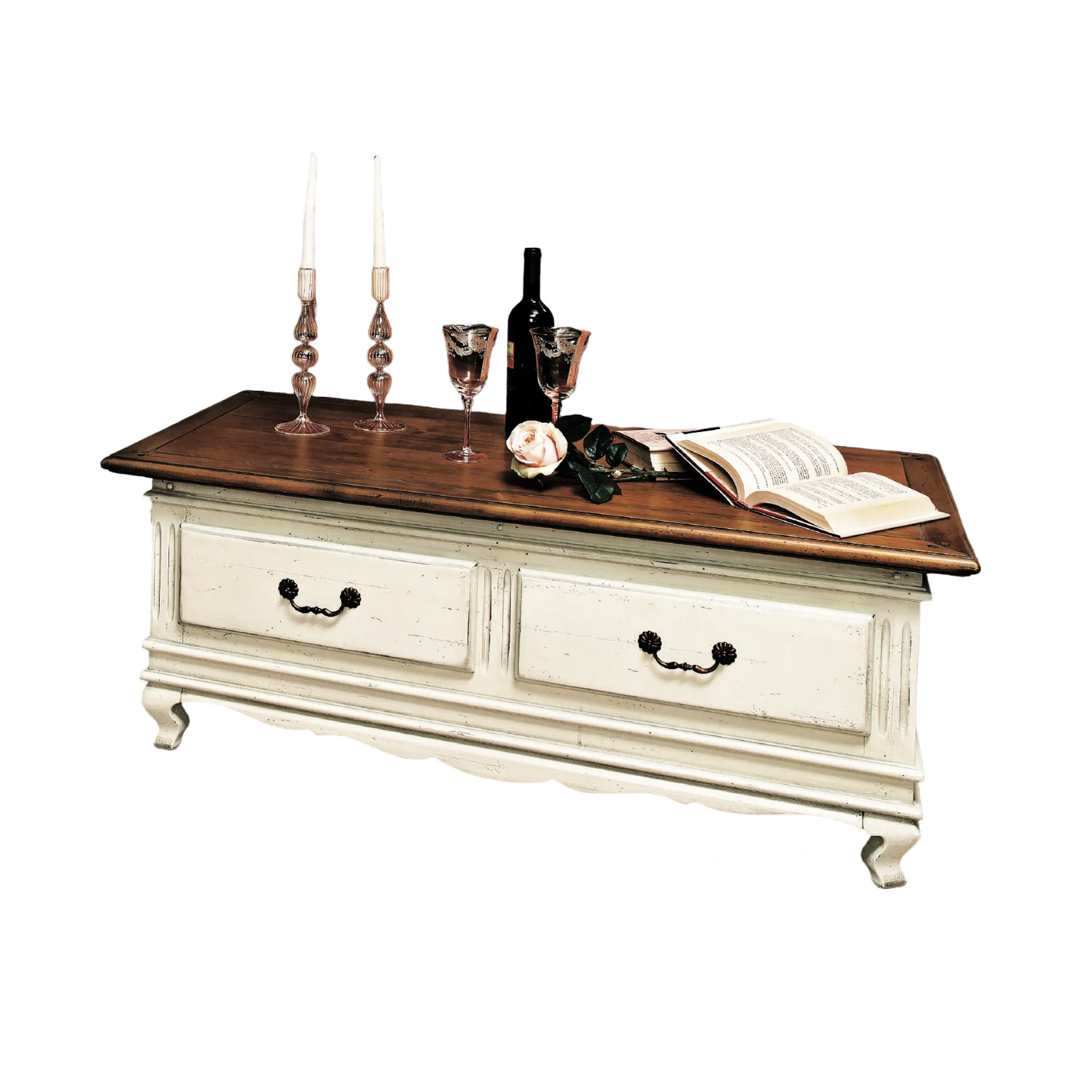 Andmade-mesa de centro de madera de calidad, mueble de lujo estilo rench con dos cajones y estante de cristal, 120 D 60 H 45
