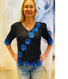 Fleur bleue perlée Satin débardeur pour femmes à la main col en v courte longueur haut paillettes à la mode creux décoration doux respirant - Product Image 1