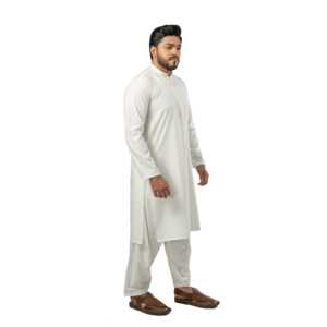 CLK-19 Nadeem Kurta Men's <b>Kameez</b> <b>Shalwar</b> (Embroidered/Formal) Off-<b>White</b> 100% Cotton Breathable Long Simple Straight-Cut Sleeve - Product Image 2