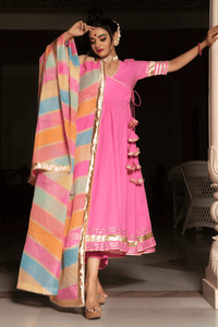 Ensemble Angrakha Kurta et Dupatta en coton rose |   Dentelle Kota Doria |   Longueur mi-longue |   Vêtements ethniques élégants pour les mariages et les fêtes de Diwali - Product Image 6