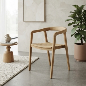 Solid Teak Wood Curved <b>Armchair</b> Slatted Seat Minimalist Natural Finish Outdoor Patio <b>Dining</b> Side Chair Setup Art Decor - Product Image 5