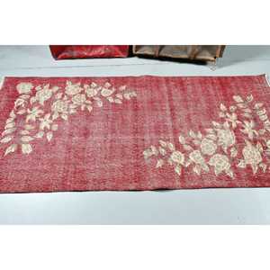 Turkish Vintage Accent Rug 3.1x6.8 ft, <b>Red</b> <b>Wool</b> Rug - Product Image 3