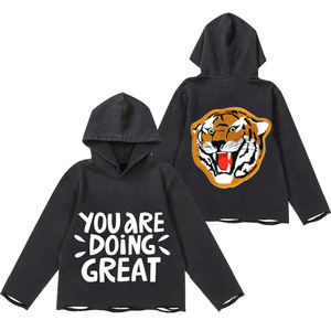 Men's <b>Black</b> 350 GSM Slim Fit Pullover Raw Hem Hoodie Distress Regular Size Chenille Embroidery Logo Hoodies <b>Sweatshirts</b> - Product Image 1