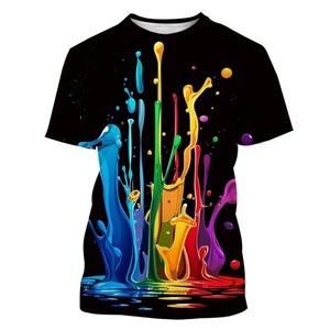 Ropa de calle de verano para hombre, camisetas informales de gran tamaño con cuello redondo, camisetas de manga corta con estampado 3D, 100% algodón, moda colorida Splash - Product Image 4