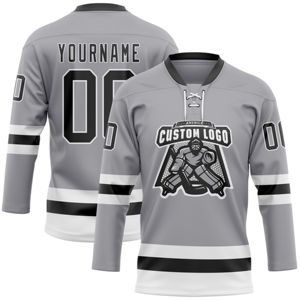 OEM Fabrication sur mesure Vente en gros Maillot de hockey gris noir-blanc de haute qualité avec col en dentelle - Product Image 1