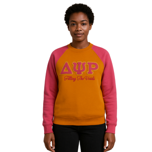 Delta Psi Rho Sorority Raglan Sleeve <b>Crewneck</b> Sweatshirt Gold Cotton Poly Filling the Voids Jumper Greek Life Casual Apparel - Product Image 1