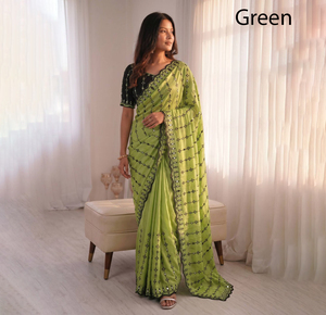 Sari de Seda Verde con Borde Bordado, Traje Tradicional Indio para Bodas, para Mujer, Largo hasta el Suelo, Corte Regular, Completamente Cosido - Product Image 1
