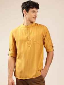 <b>men</b> mustard <b>yellow</b> coloured solid mandarin collar kurta short kurta polyester viscose long sleeves curved hem kurta for <b>mens</b> - Product Image 2