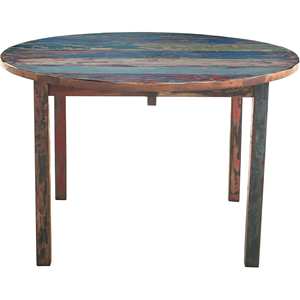 Mesa de comedor redonda hecha de madera de barco reciclada maciza multicolor para uso en interiores y exteriores. - Product Image 2
