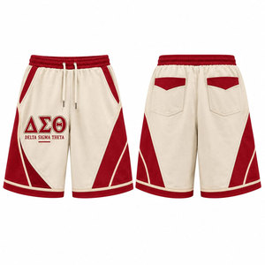 Delta Sigma Theta <b>Red</b> And Cream Cotton Bermuda <b>Shorts</b> With Front Logo Drawstring Waist Casual Style - Product Image 1