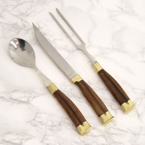 Juego de cubiertos de latón de grado alimenticio con mango de madera, cuchillo de cena, tenedor, cuchara de postre, juego de cubiertos de acero con espejo - Product Image 5