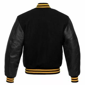 Veste universitaire personnalisée pour homme avec col montant, poche à bouton pression, manches en cuir et logo frontal - Product Image 3