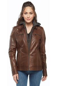 Chaqueta de cuero genuino de invierno hecha en Pakistán de la mejor calidad para mujer, cuello levantado a rayas de algodón transpirable de primera calidad, Color marrón - Product Image 2