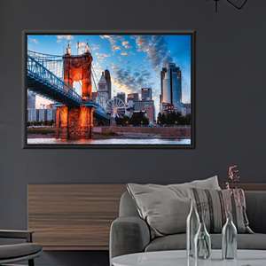Póster impreso en lienzo: decoración de pared con ilustraciones de paisajes urbanos del puente de Cincinnati, 1P: con marco negro - Product Image 1