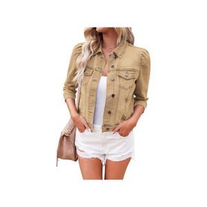 Chaquetas vaqueras recortadas transpirables para mujer, chaqueta universitaria elástica de 34 mangas abullonadas, chaqueta desgastada con bolsillos - Product Image 1