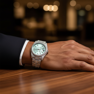 PJ Montre en acier inoxydable pour homme avec moissanite verre bleu baguette diamant pavé complet logo personnalisé vente en gros marque privée glacé tendance - Product Image 6