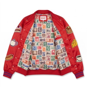 Chaqueta Bomber de Satén Personalizada para Hombre, Color Escarlata y Morado, Parche de Chenilla con Diseño de Taco, Forro Sublimado, Logotipo Personalizado OEM - Product Image 3